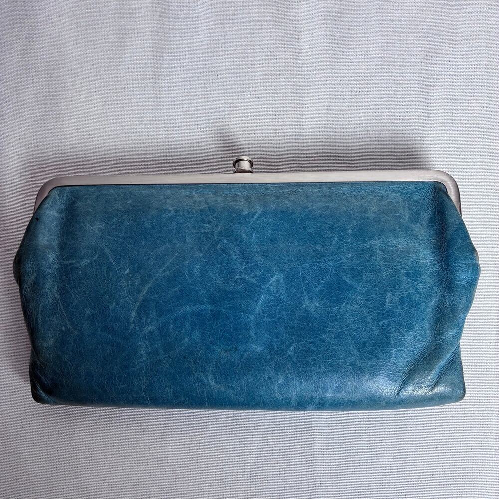 HOBO Lauren Leather Clutch Wallet Double Kiss Lock Frame Blue Boho Distressed - Picture 2 of 8